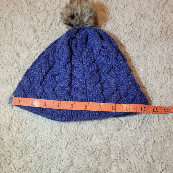 ❄️Aran Sweater Warm Blue Purple Chunky Cable Knit Pom Pom Hat 100% Merino Wool - Picture 4 of 5